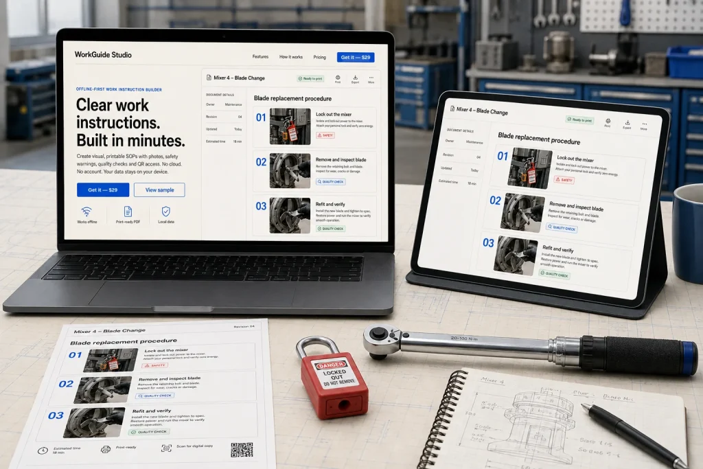 WorkGuide Studio Pro visual SOP builder shown on a workshop laptop and tablet