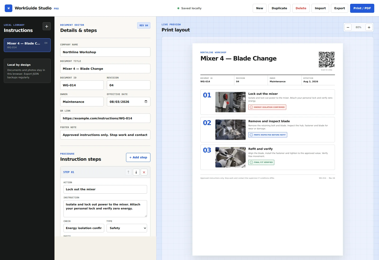 Actual WorkGuide Studio Pro interface with editor and live work instruction preview