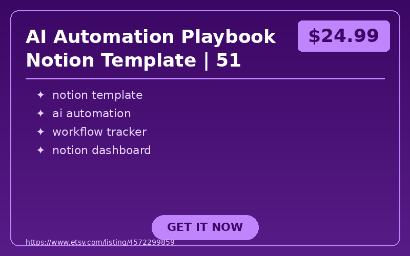 AI Automation Playbook Notion Template | 51 Workflow Tracker, Run Log & ROI Dashboard